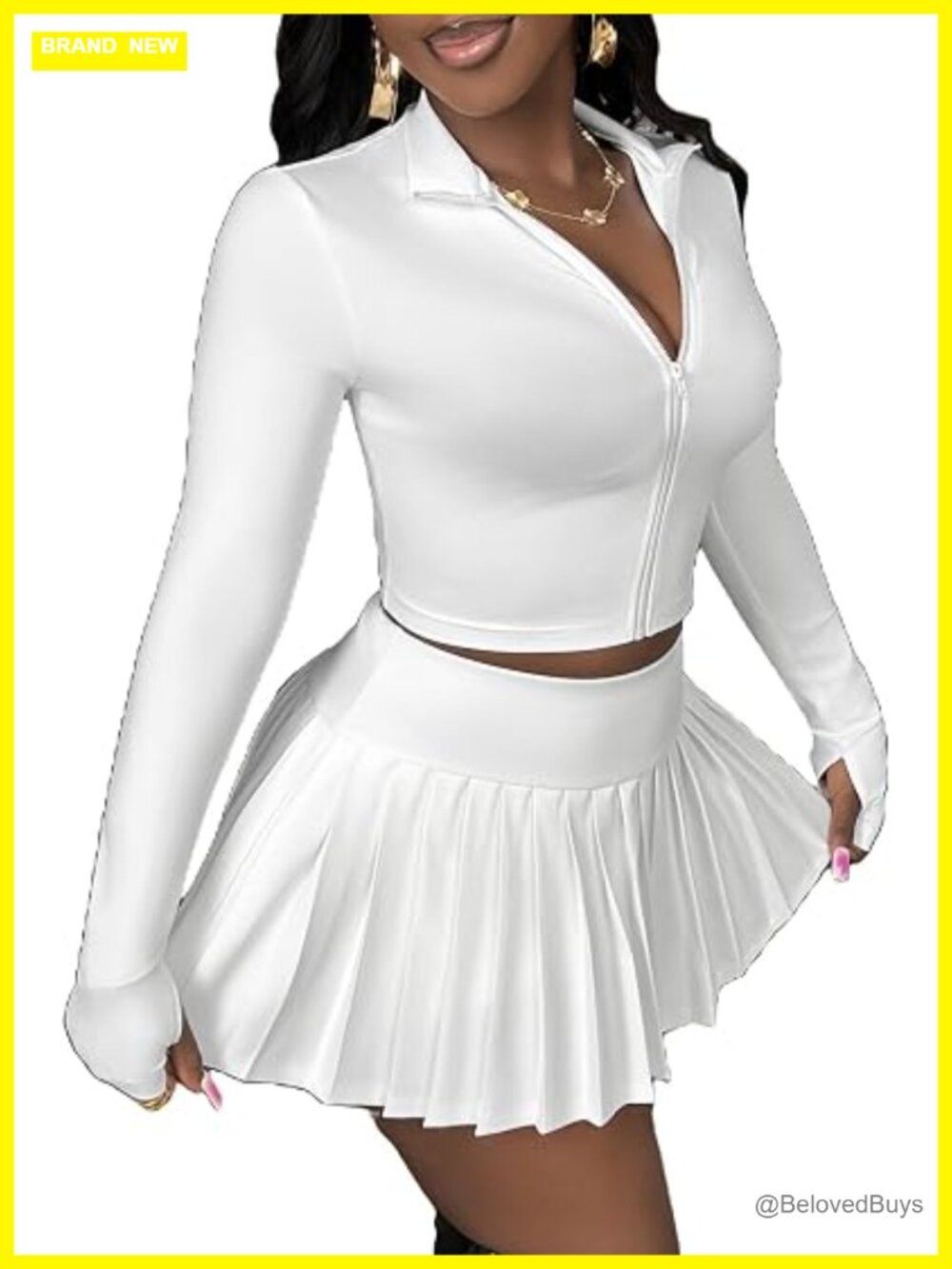 2 Piece Skirt Set Long Sleeve Crop Top Pleated Mini Skirt Party Outfit